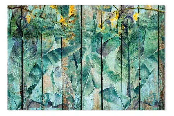 Quadro su tela Momenti con il verde verticale - uccelli esotici su legno