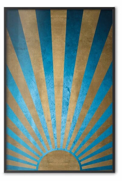 Poster: Oltre l'orizzonte - sole dorato astratto con figure su sfondo blu