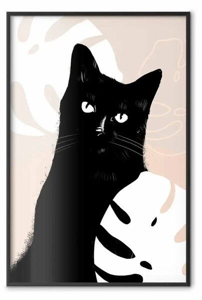 Poster: Gatto tra monsteras - animale nero tra piante su sfondo pastello