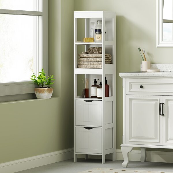 HOMCOM Mobile Bagno con 3 Ripiani Aperti e 2 Cassetti in Legno, 30x30x141.2 cm, Bianco