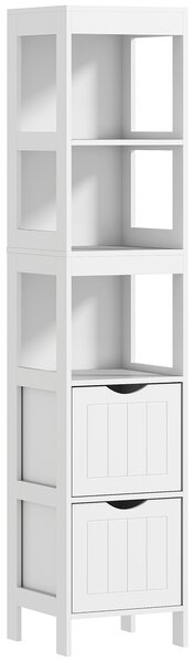 HOMCOM Mobile Bagno con 3 Ripiani Aperti e 2 Cassetti in Legno, 30x30x141.2 cm, Bianco