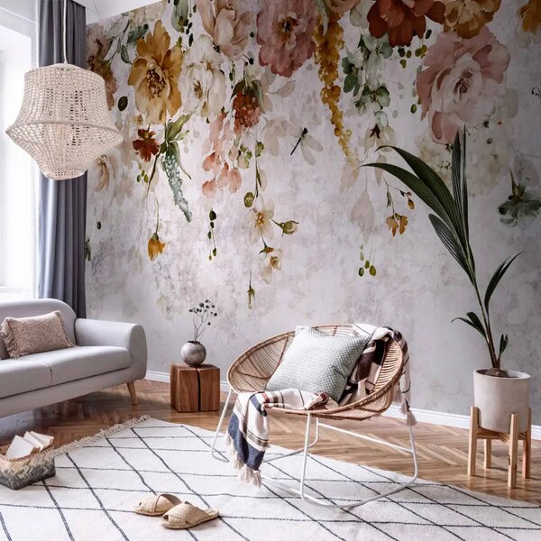 Carta da parati moderna Composizione floreale vintage - paesaggio di fiori appesi colorati