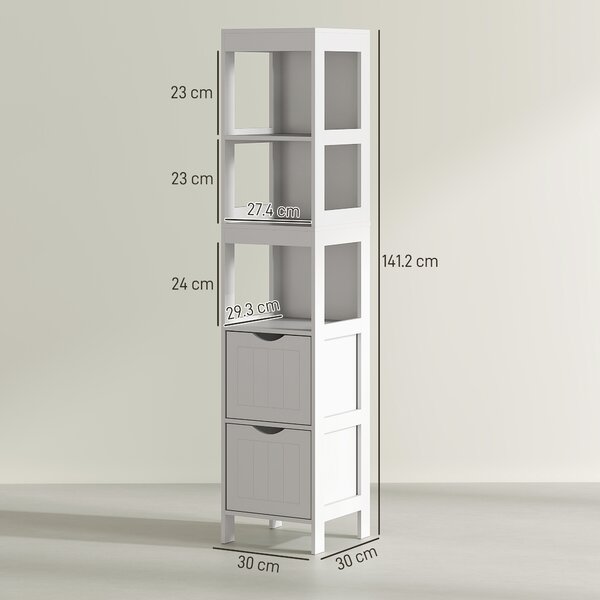 HOMCOM Mobile Bagno con 3 Ripiani Aperti e 2 Cassetti in Legno, 30x30x141.2 cm, Bianco