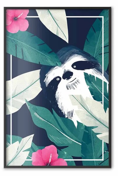 Poster: Bradipo nei tropici - animale tra foglie verdi su sfondo blu scuro