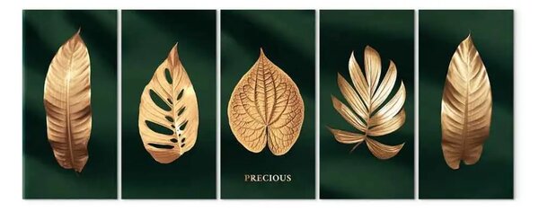 Quadro moderno Un angolo nobile (5 pezzi) stretto - foglie esotiche su sfondo verde