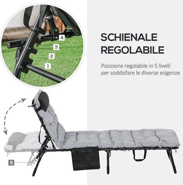 Outsunny Lettino Prendisole Pieghevole con Cuscino, Poggiatesta e Tasca Laterale, 58x189x32.5 cm, Grigio Chiaro