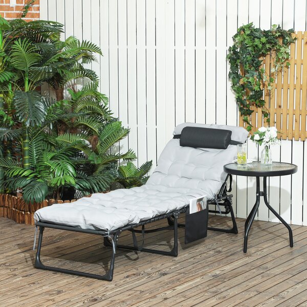 Outsunny Lettino Prendisole Pieghevole con Cuscino, Poggiatesta e Tasca Laterale, 58x189x32.5 cm, Grigio Chiaro
