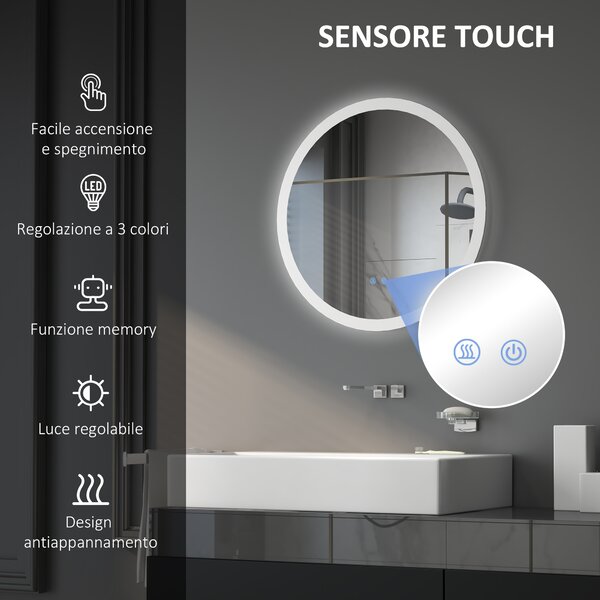 Kleankin Specchio Bagno con Luci LED Regolabili, Controllo Touch e Design Antiappannamento, Ø60 cm