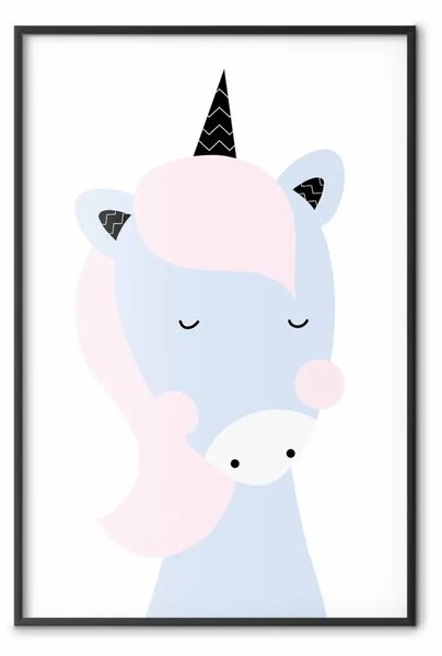 Poster: Unicorno dolce - animale azzurro divertente con corno su chiaro