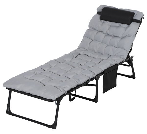 Outsunny Lettino Prendisole Pieghevole con Cuscino, Poggiatesta e Tasca Laterale, 58x189x32.5 cm, Grigio Chiaro