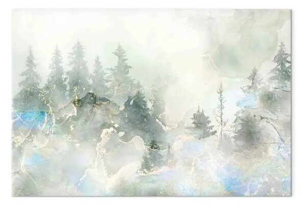 Quadro su tela Accento turchese - foresta nebbia alberi