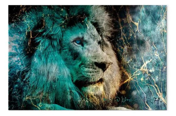 Quadro contemporaneo Re blu - leone e astrazione dorata sullo sfondo