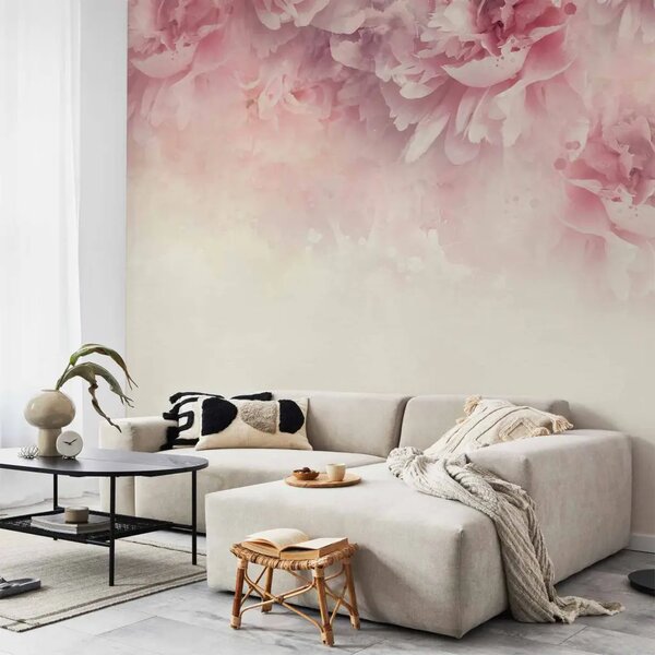 Carta da parati Etude floreale - astratto motivo floreale di fiori rosa con sfondo