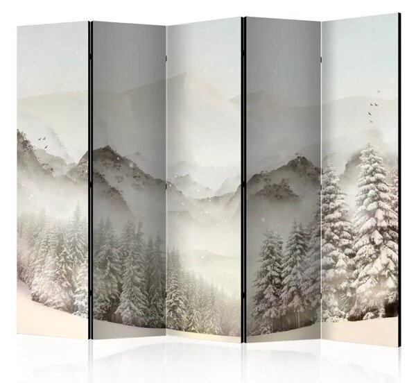 Paravento design Conca innevata II - paesaggio invernale di montagne e alberi