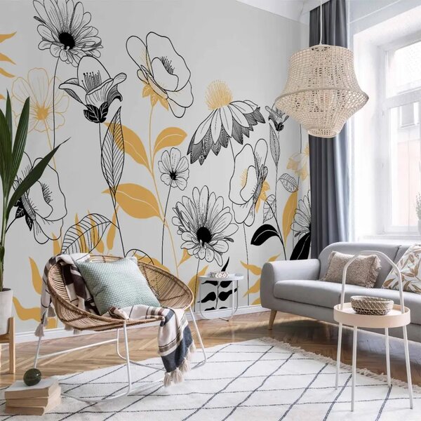 Carta da parati Schizzo con fiori - Natura in bianco, nero e arancione