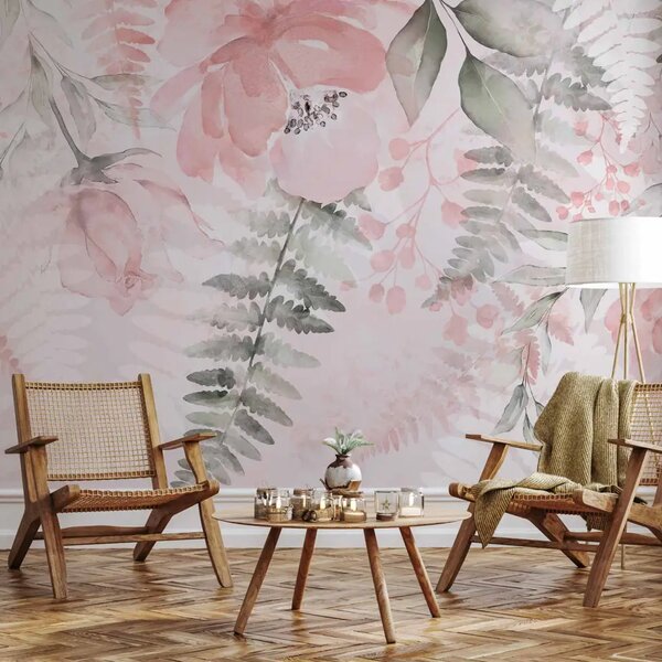 Carta da parati Melanconia rosa - motivo di fiori e foglie vari in stile acquerello