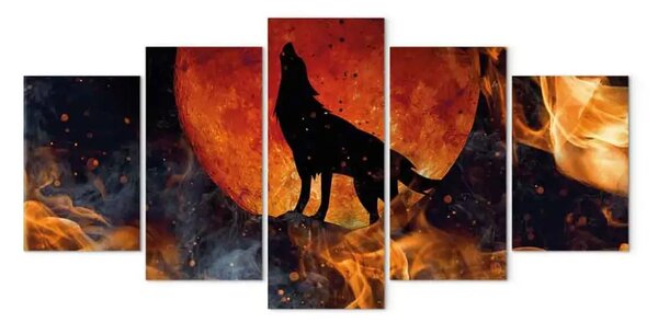 Quadro moderno Lupo nel fuoco (5 pezzi) - animale nero su sfondo lunare