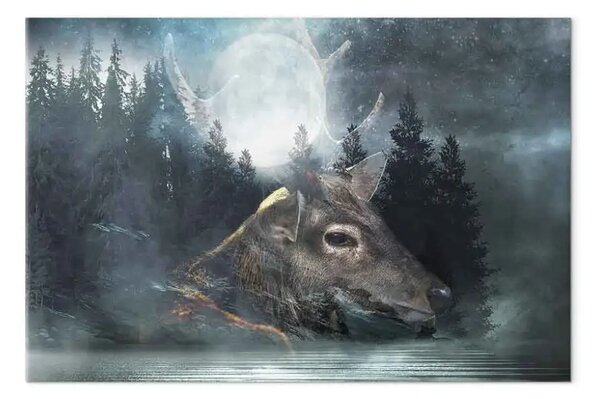 Quadro su tela Luna crescente - cervo e Luna su sfondo boschivo