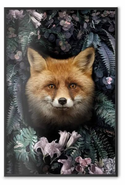 Poster: Volpe tra i fiori - ritratto facciale di volpe su piante verdi