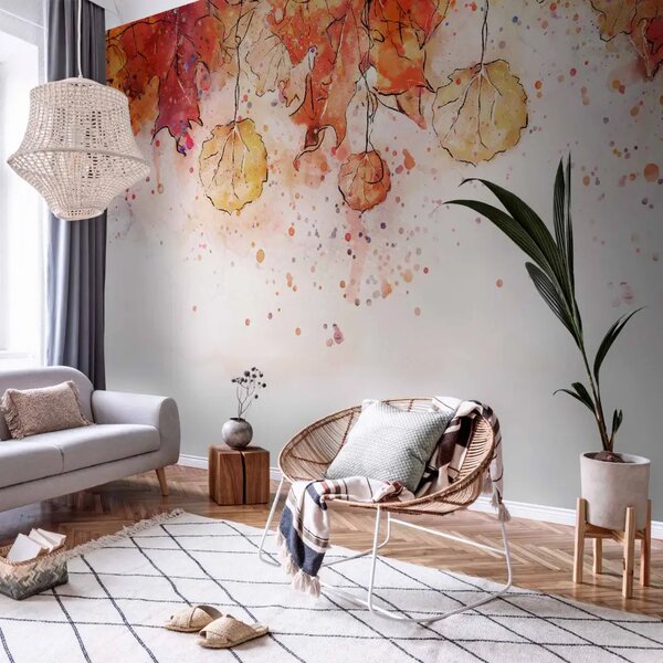 Carta da parati Colori d'autunno - paesaggio con motivo floreale di foglie in stile acquarello