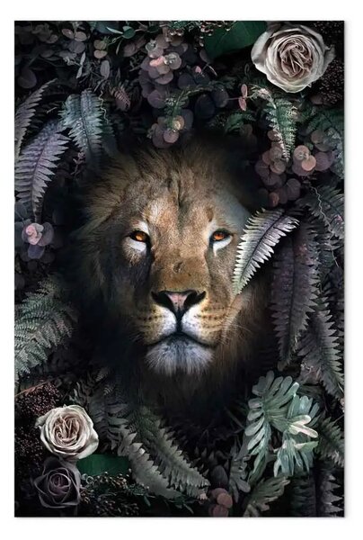Quadro moderno Leone foglie - gatto selvatico rose felci