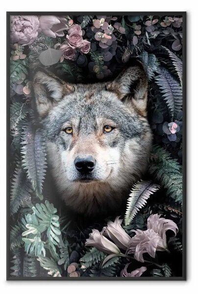 Poster: Lupo tra i fiori - ritratto di lupo su sfondo di piante verdi