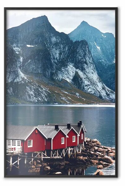 Poster: Calma blu - paesaggio di casetta rossa e lago su montagne