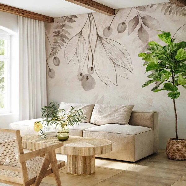 Carta da parati moderna Soffio delicato - fiori e foglie minimalisti in composizione beige