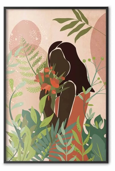 Poster: Donna nel verde - ritratto di donna nera tra piante su astratto