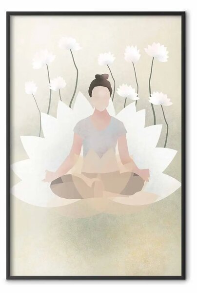Poster: Yoga d'amore - donna meditante su sfondo di fiori bianchi stile zen