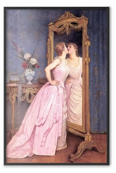 Poster: Vanità - donna in abito rosa lungo davanti a specchio