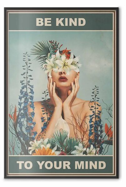 Poster: Gentilezza per la mente - testi in inglese e donna tra fiori