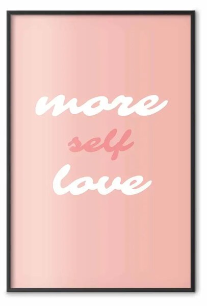 Poster: Più amore per sé - testi bianchi e rosa in inglese su sfondo pastello