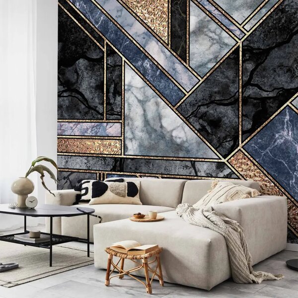 Carta da parati Art deco elegante - marmo blu e nero con disegni dorati
