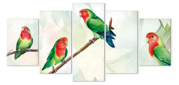 Quadro contemporaneo Pappagalli inseparabili (5 parti) - uccelli e foglie colorati
