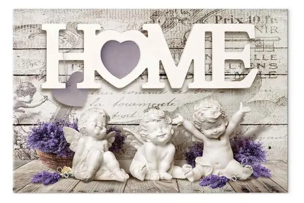 Quadro su tela Casa angeli - figurine scritta bianca sfondo