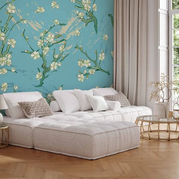 Carta da parati moderna Fiori asiatici - fiori di mandorlo in fiore su sfondo blu
