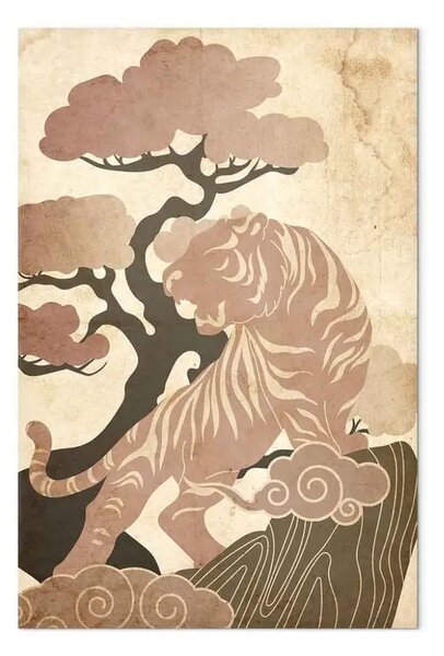 Quadro Re asiatico - felino selvatico tra alberi e nuvole