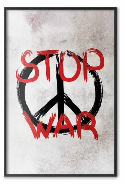Poster: Stop War - scritta rossa con simbolo di pace su sfondo grigio