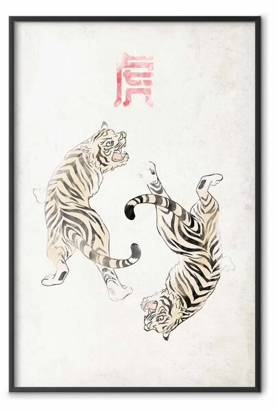 Poster: Danza della tigre - motivo giapponese con animali su sfondo chiaro