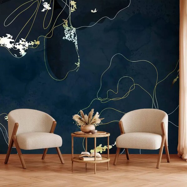 Carta da parati Accento - lineart con fiori e disegni dorati su sfondo blu navy
