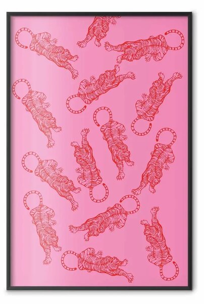 Poster: Tigri danzanti - motivo giapponese con animali su sfondo rosa