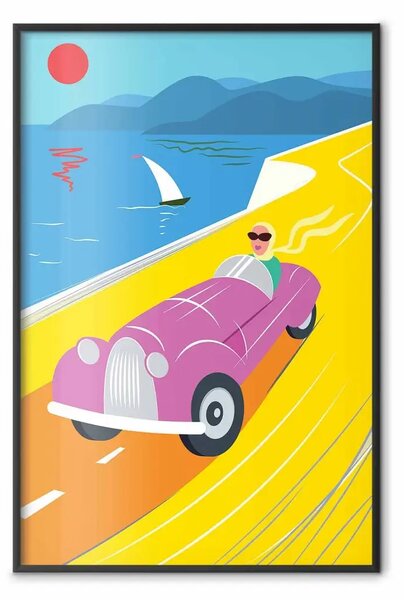Poster: Raid colorato - donna in auto su sfondo di mare con barca