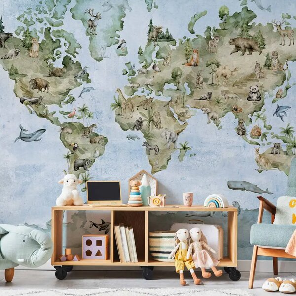 Carta da parati Mappa del mondo dipinta - diversi animali sui continenti per bambini