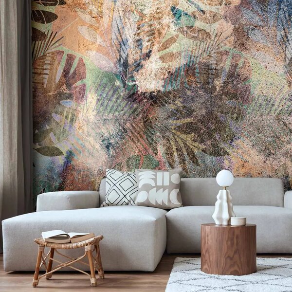 Carta da parati moderna Impressioni astratte - sfondo colorato con motivo vegetale e texture