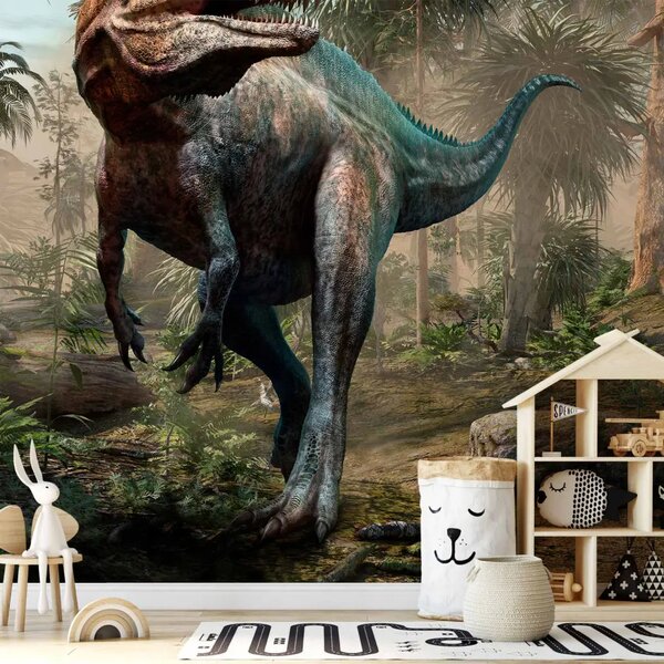 Carta da parati moderna Tirannosauro a caccia - dinosauro nella giungla con alberi per bambini
