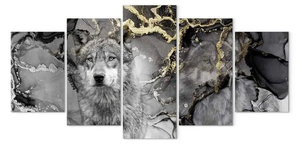 Quadro Lupi d'oro (5 parti) - astrazione grigia e animali