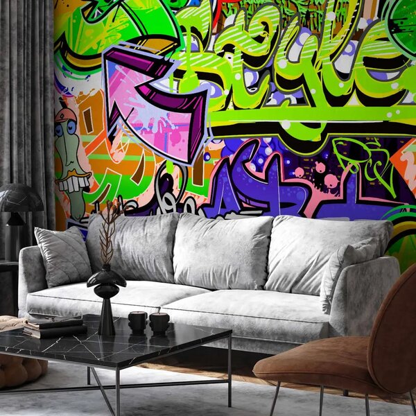 Carta da parati moderna Murales in stile urbano - graffiti nei toni verdi per teenager