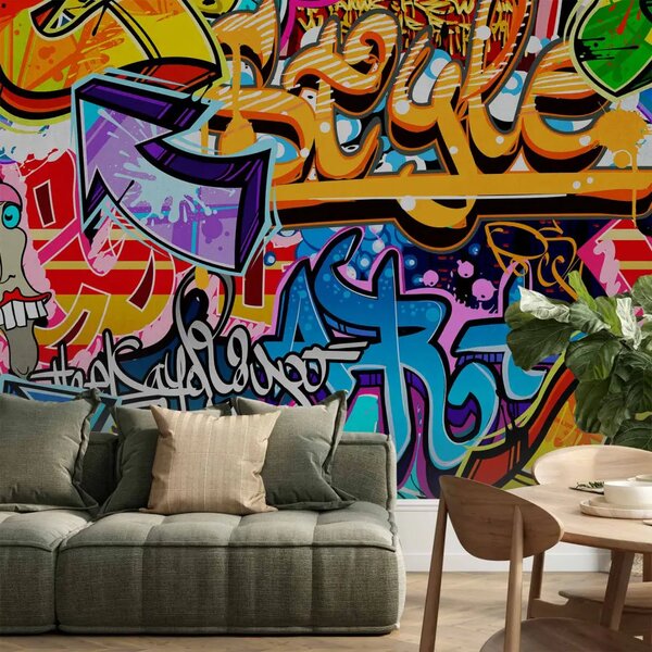Carta da parati moderna Murales in stile urbano - graffiti colorato con scritte per teenager