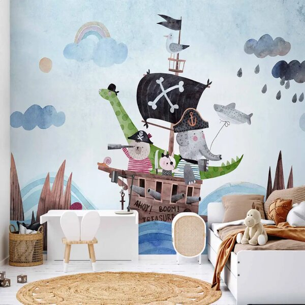 Carta da parati Avventura in mare - nave dei pirati dipinta con animali per bambini